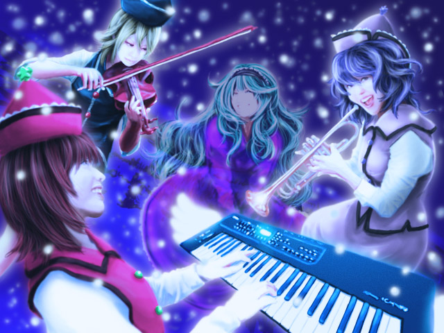 blue_hair, brown_hair, cielo_(zaki), cielozaki, green_hair, hairband, hat, instrument, keyboard_(instrument), layla_prismriver, long_hair, lunasa_prismriver, lyrica_prismriver, merlin_prismriver, photorealistic, realistic, short_hair, smile, touhou, trumpet, violin
