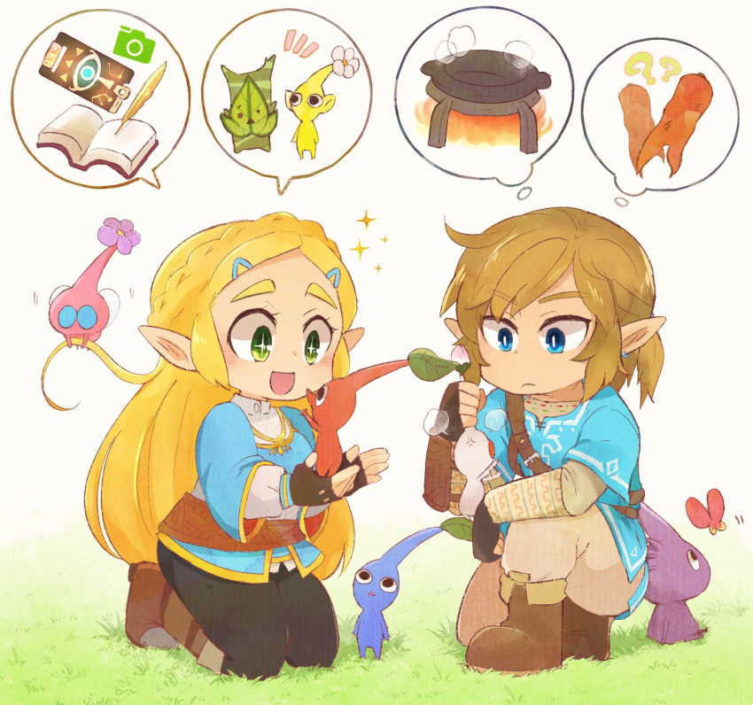 1boy, 1girl, =3, ?, ??, anger_vein, belt, belt_buckle, black_eyes, black_gloves, black_pants, blonde_hair, blue_eyes, blue_pikmin, blue_skin, blue_tunic, book, boots, braid, brown_belt, brown_footwear, brown_hair, buckle, bud, bug, butterfly, camera, carrot, character_request, closed_mouth, collared_shirt, colored_skin, commentary_request, creature, eyelashes, fingerless_gloves, fire, flower, flying, frown, gloves, grass, green_eyes, hair_ornament, hairclip, hand_on_own_knee, highres, holding, holding_another's_hair, holding_creature, imagining, insect_wings, knee_boots, kneeling, layered_sleeves, leaf, link, link_(botw), long_hair, long_sleeves, looking_at_animal, looking_at_another, low_ponytail, medium_hair, motion_blur, motion_lines, no_mouth, notice_lines, on_one_knee, open_book, open_mouth, outstretched_arm, pants, pikmin_(creature), pikmin_(series), pikpik_carrot, pink_skin, pointy_ears, pointy_nose, princess_zelda, puffy_long_sleeves, puffy_sleeves, purple_hair, purple_pikmin, purple_skin, quill, red_eyes, red_pikmin, red_skin, shadow, shirt, short_hair, short_over_long_sleeves, short_sleeves, sitting, smile, solid_circle_eyes, sparkle, sparkling_eyes, speech_bubble, spoken_object, steam, stove, strap, super_smash_bros., the_legend_of_zelda, the_legend_of_zelda:_breath_of_the_wild, thought_bubble, triangle_mouth, ukyo_(80123), very_short_hair, waving_arm, white_flower, white_pants, white_pikmin, white_shirt, white_skin, white_trim, winged_pikmin, wings, yellow_pikmin, yellow_skin