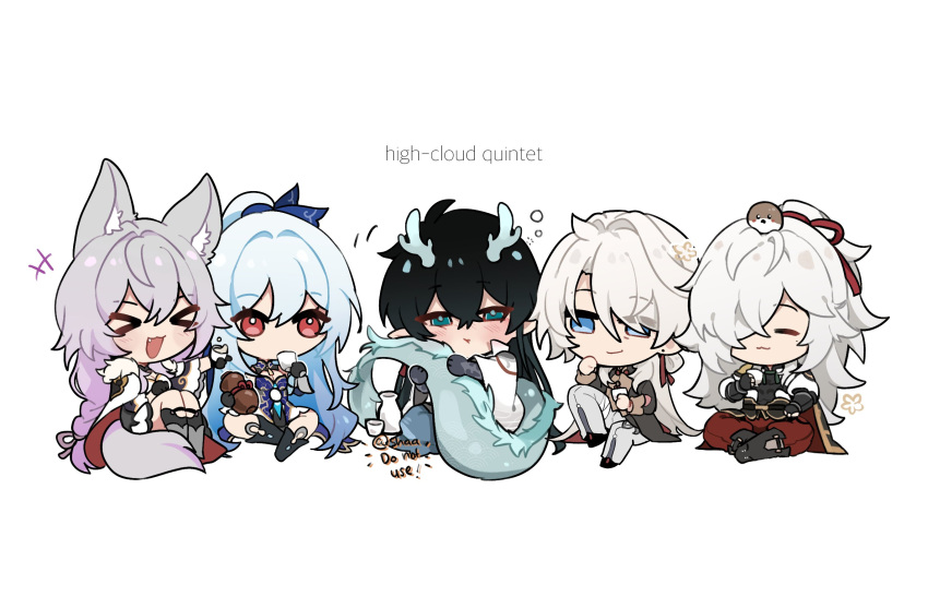 >_<, +++, 2girls, 3boys, :d, alternate_costume, animal, animal_ears