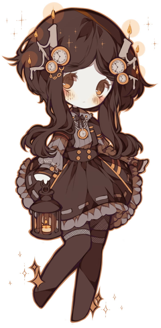 1girl, black_bow, black_bowtie, black_jacket, black_skirt, black_thighhighs, blush, blush_stickers, bow, bowtie, brown_eyes, brown_hair, buttons, candle, candle_head, chibi, clock_hair_ornament, closed_mouth, collar, collared_sweater, commission, english_commentary, eyelashes, fire, fishnet_pantyhose, fishnets, frilled_collar, frilled_skirt, frills, grey_sweater, highres, holding, holding_lantern, jacket, jewelry, lace-trimmed_sleeves, lace_trim, lantern, light_frown, littlebluemuffin, long_sleeves, looking_at_viewer, medium_hair, miniskirt, necklace, no_shoes, open_clothes, open_jacket, original, painttool_sai_(medium), pantyhose, puffy_long_sleeves, puffy_sleeves, ribbon-trimmed_skirt, ribbon_trim, sidelocks, skirt, sparkle, suspenders, sweater, thigh-highs, transparent_background, watch