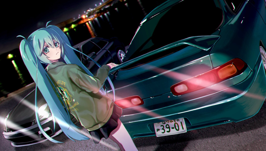 1girl, black_skirt, blue_eyes, floating_hair, from_behind, frown, glowing, green_jacket