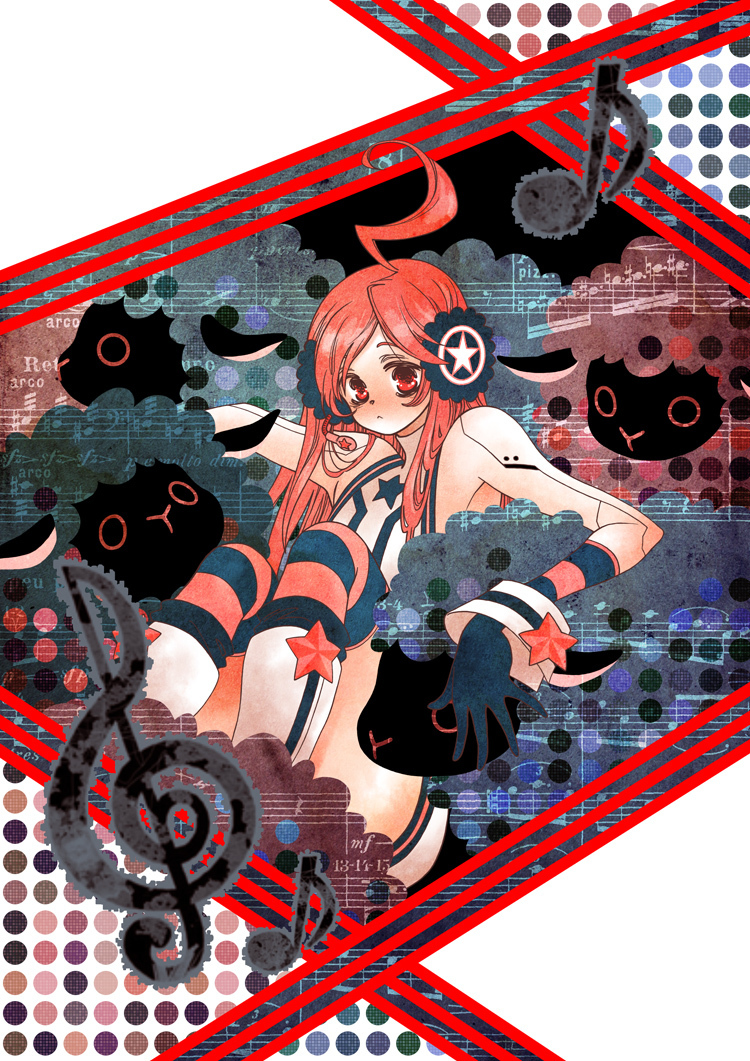 earmuffs, gloves, headphones, karezel, miki_(vocaloid), musical_note, red_eyes, red_hair