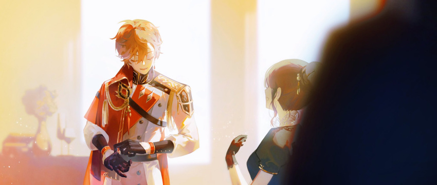 1boy, 1girl, alternate_costume, black_gloves, brown_hair, buttons, character_request, closed_eyes