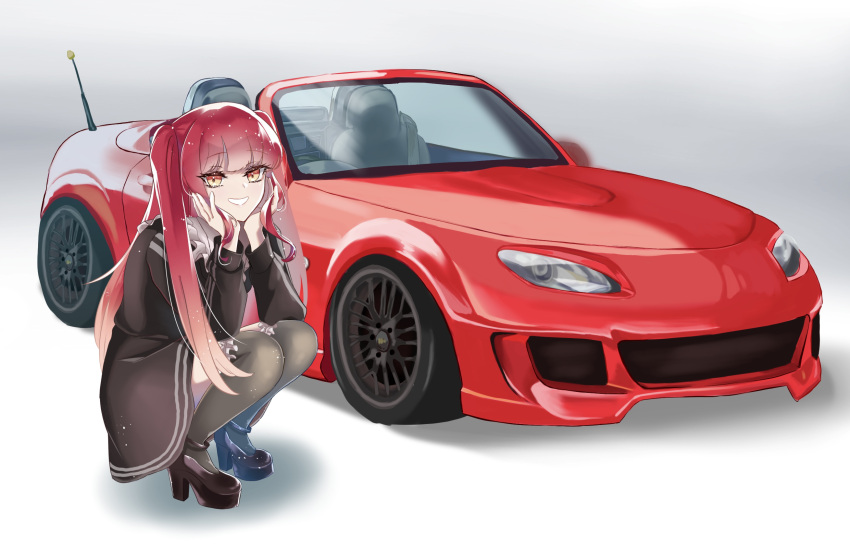 1girl, black_dress, black_footwear, black_thighhighs, car, convertible, dress, frilled_thighhighs