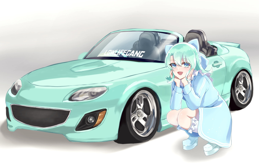1girl, aqua_hair, blue_dress, blue_eyes, boots, bow, car, convertible