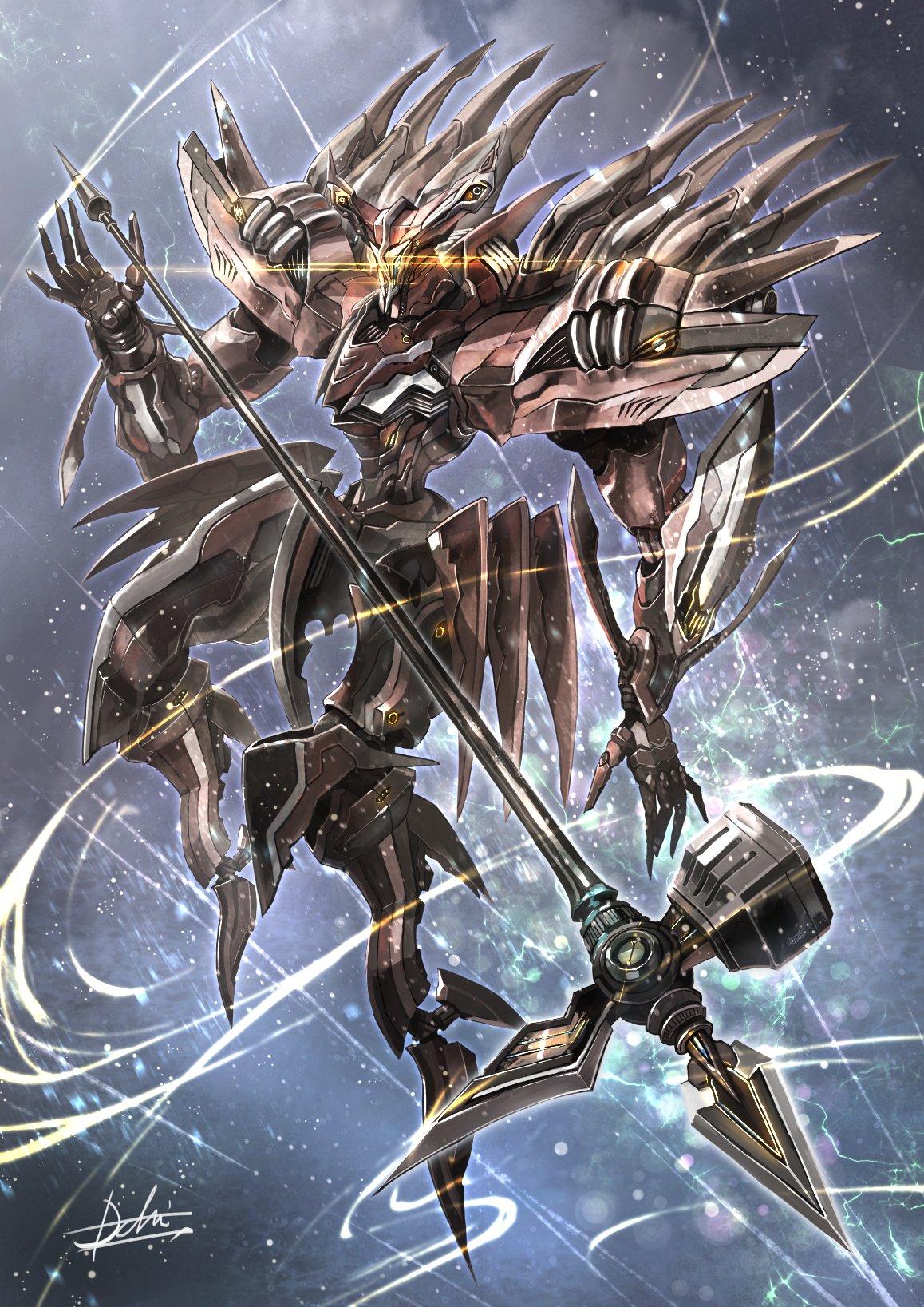 floating, full_body, glowing, glowing_eyes, highres, hukutuuprunes, mecha, no_humans, open_hand, open_hands, orange_eyes, original, polehammer, robot, signature, space, weapon