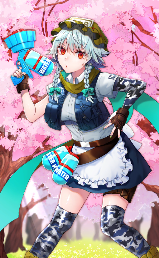 13_(spice!!), 1girl, :o, apron, back_bow, belt, blue_skirt, blue_sky, blue_vest, boots, bottle, bow, braid, brown_belt, brown_gloves, camouflage_sleeves, camouflage_thighhighs, cherry_blossoms, collared_shirt, denim_vest, fingerless_gloves, frilled_apron, frilled_hat, frills, game_cg, gloves, grass, green_bow, green_footwear, green_headwear, green_scarf, grey_nails, hair_bow, hand_on_own_hip, hat, holding, holding_water_gun, izayoi_sakuya, layered_sleeves, long_sleeves, looking_at_viewer, medium_hair, miniskirt, mob_cap, nail_polish, official_alternate_costume, official_art, open_clothes, open_mouth, open_vest, outdoors, red_eyes, scarf, shirt, short_over_long_sleeves, short_sleeves, single_sleeve, skirt, sky, thigh_belt, thigh_strap, touhou, touhou_cannonball, tree, twin_braids, vest, waist_apron, water_bottle, water_gun, white_apron, white_bow, white_hair, white_shirt
