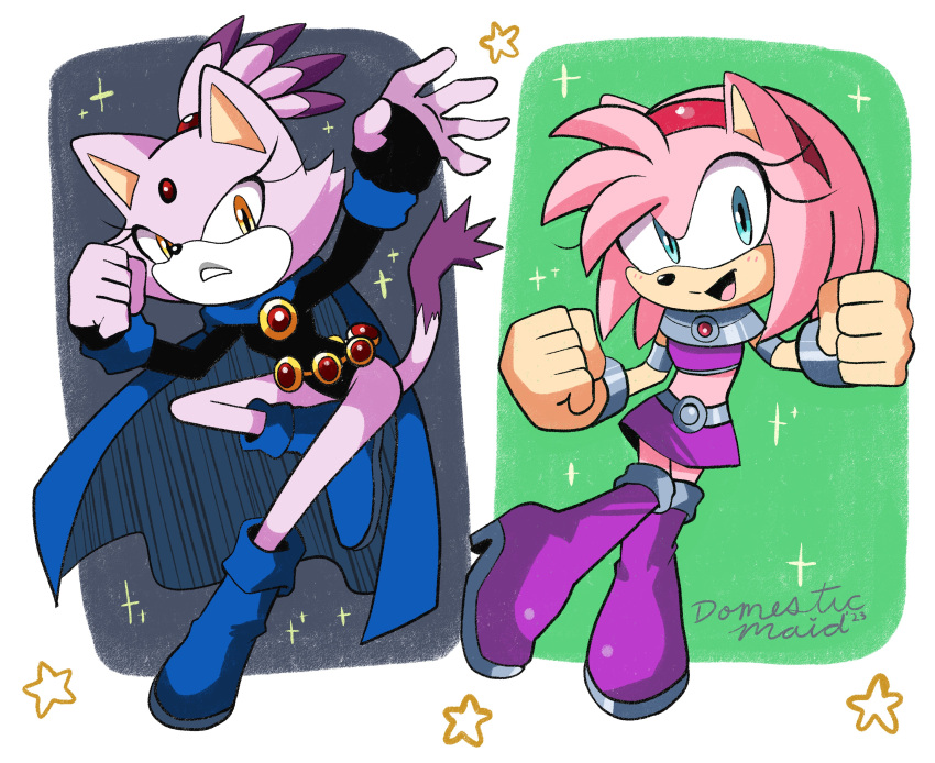 2girls, absurdres, amy_rose, animal_ears, black_leotard, blaze_the_cat, blue_cape, blue_footwear
