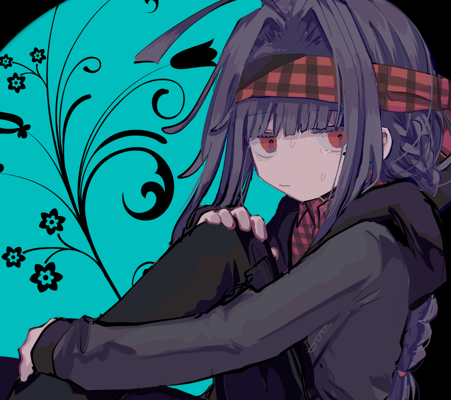 1girl, ahoge, bandana_obito, black_pants, blue_hair, braid, closed_mouth, colored_eyelashes