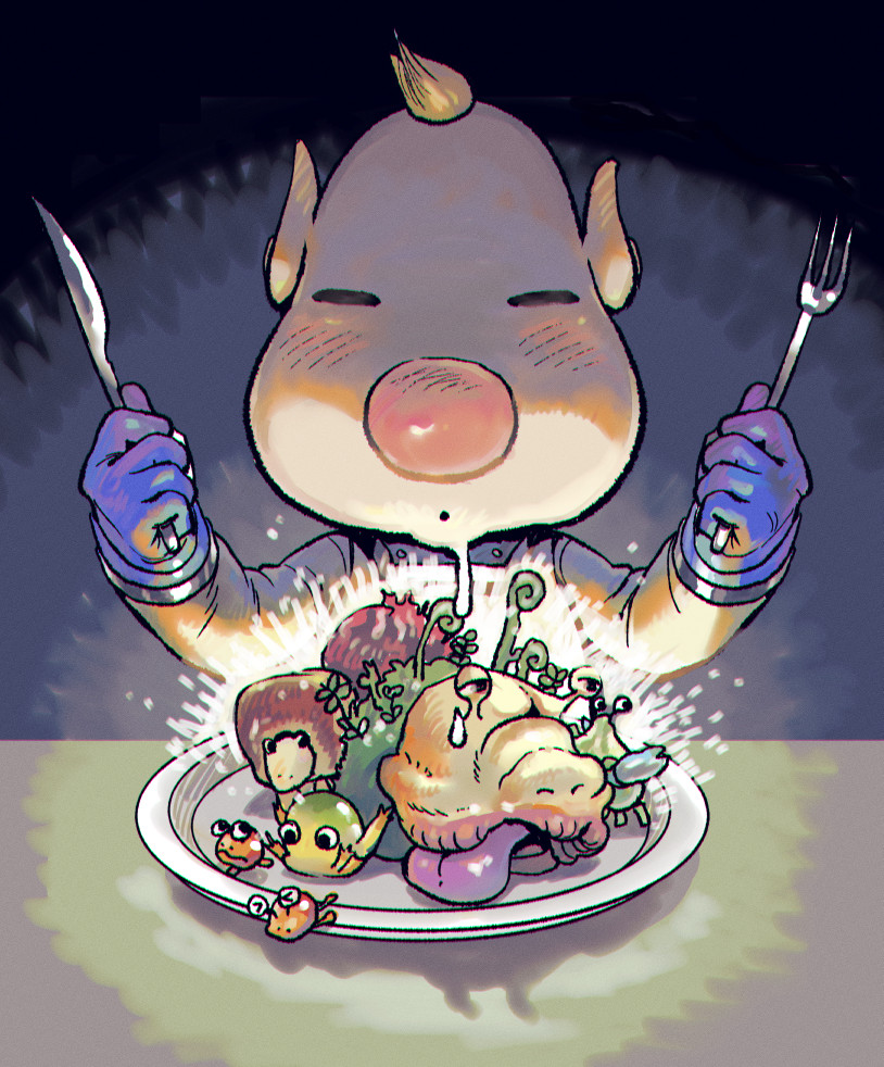 >_<, 1boy, alien, asaikaina, big_nose, black_eyes, blonde_hair, blue_gloves