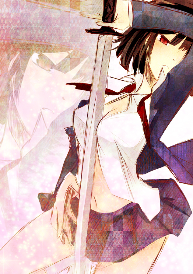 black_hair, bob_cut, breasts, cleavage, durarara!!, large_breasts, navel, pleated_skirt, red_eyes, rosa_tsubomi, school_uniform, short_hair, skirt, solo, sonohara_anri, sword, weapon, zoom_layer
