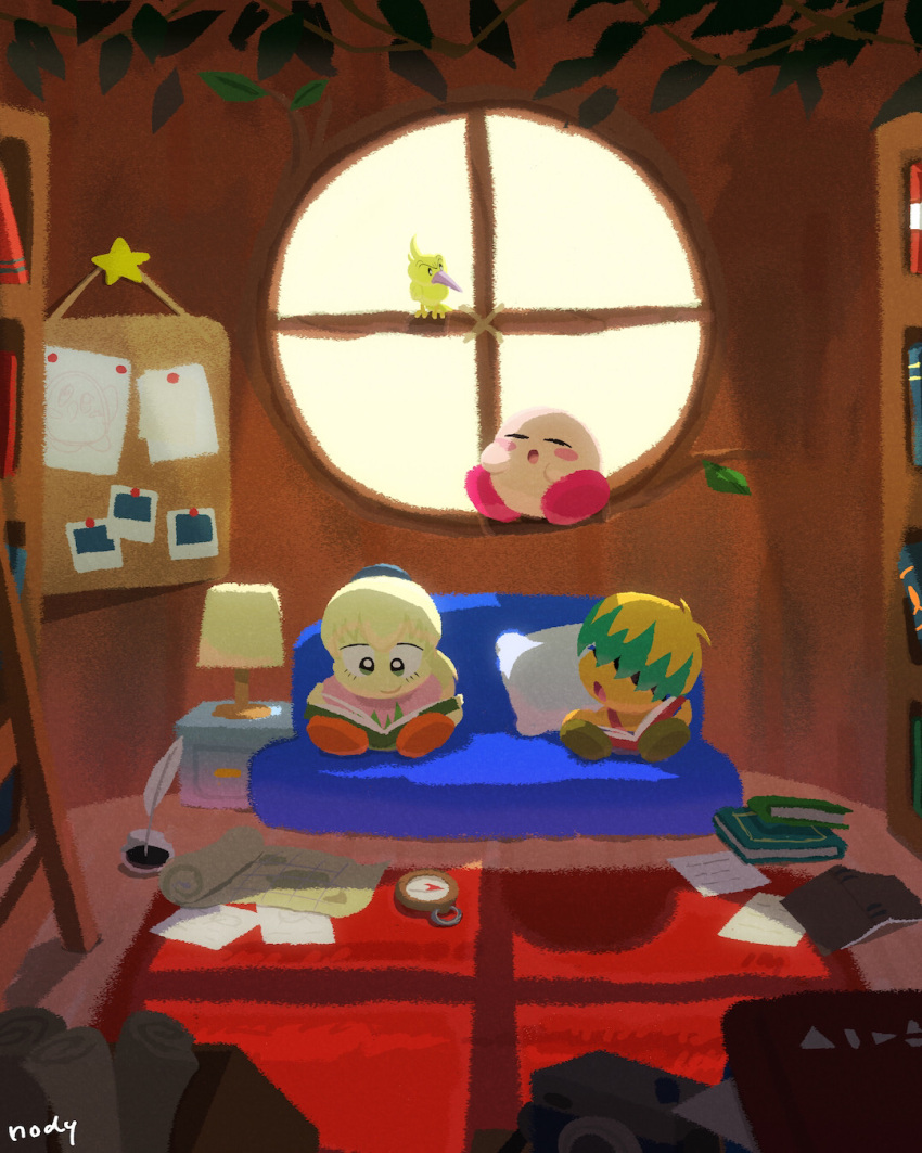 :o, artist_name, bird, blonde_hair, blush, blush_stickers, book, bookshelf
