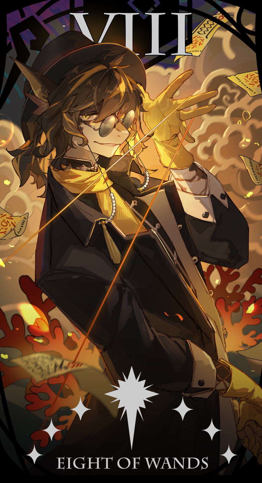 1boy, absurdres, arknights, arm_up, black_headwear, black_jacket, black_shirt, collared_jacket, commentary_request, coral, furry, furry_male, gloves, hat, highres, jacket, kotatsu_kaya, lee_(arknights), long_sleeves, looking_at_viewer, male_focus, parted_lips, puffy_long_sleeves, puffy_sleeves, roman_numeral, round_eyewear, shirt, solo, sunglasses, tarot_(medium), yellow_gloves