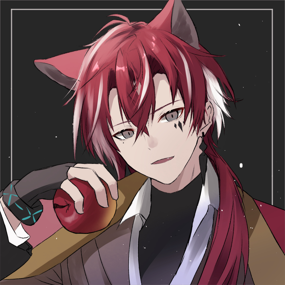 1boy, animal_ears, apple, arknights, black_background, black_gloves, black_shirt, brown_jacket