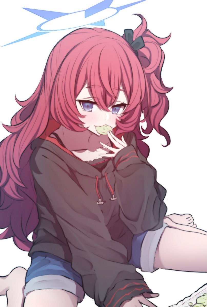 1girl, alternate_costume, alternate_hairstyle, barefoot, black_sweater, blue_archive, casual, chips_(food)