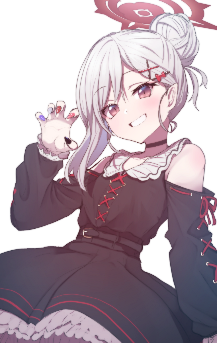 1girl, :d, alternate_costume, alternate_hairstyle, black_choker, black_dress, blue_archive, choker