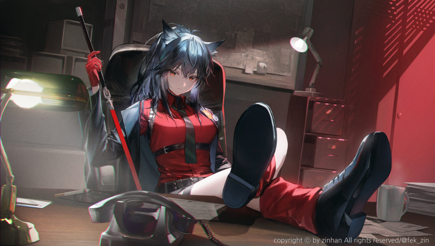 1girl, absurdres, animal_ears, arknights, ashtray, belt, black_belt, black_footwear