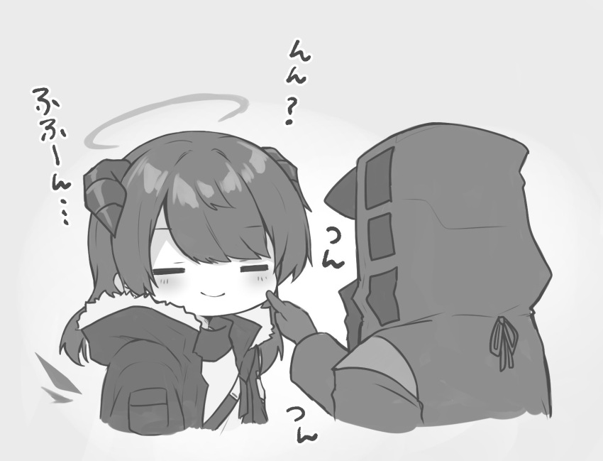 1girl, 1other, amesaki_vanilla, arknights, blush, cheek_pinching, doctor_(arknights), greyscale