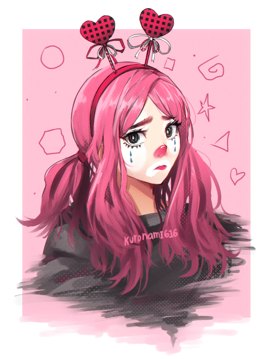 1girl, clown, frown, headband, highres, kuronami616, looking_at_viewer, makeup, original, pink_hair, sad, short_twintails, simple_background, twintails