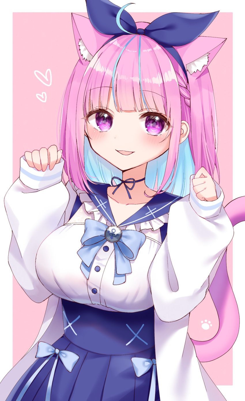 1girl, ahoge, animal_ear_fluff, animal_ears, artist_request, blue_hair, blue_hairband, bob_cut, cat_ears, cat_tail, choker, hairband, highres, hololive, looking_at_viewer, minato_aqua, minato_aqua_(5th_costume), multicolored_hair, neck_ribbon, non-web_source, open_mouth, pink_hair, ribbon, school_uniform, short_hair, smile, solo, source_request, tail, two-tone_hair, violet_eyes, virtual_youtuber