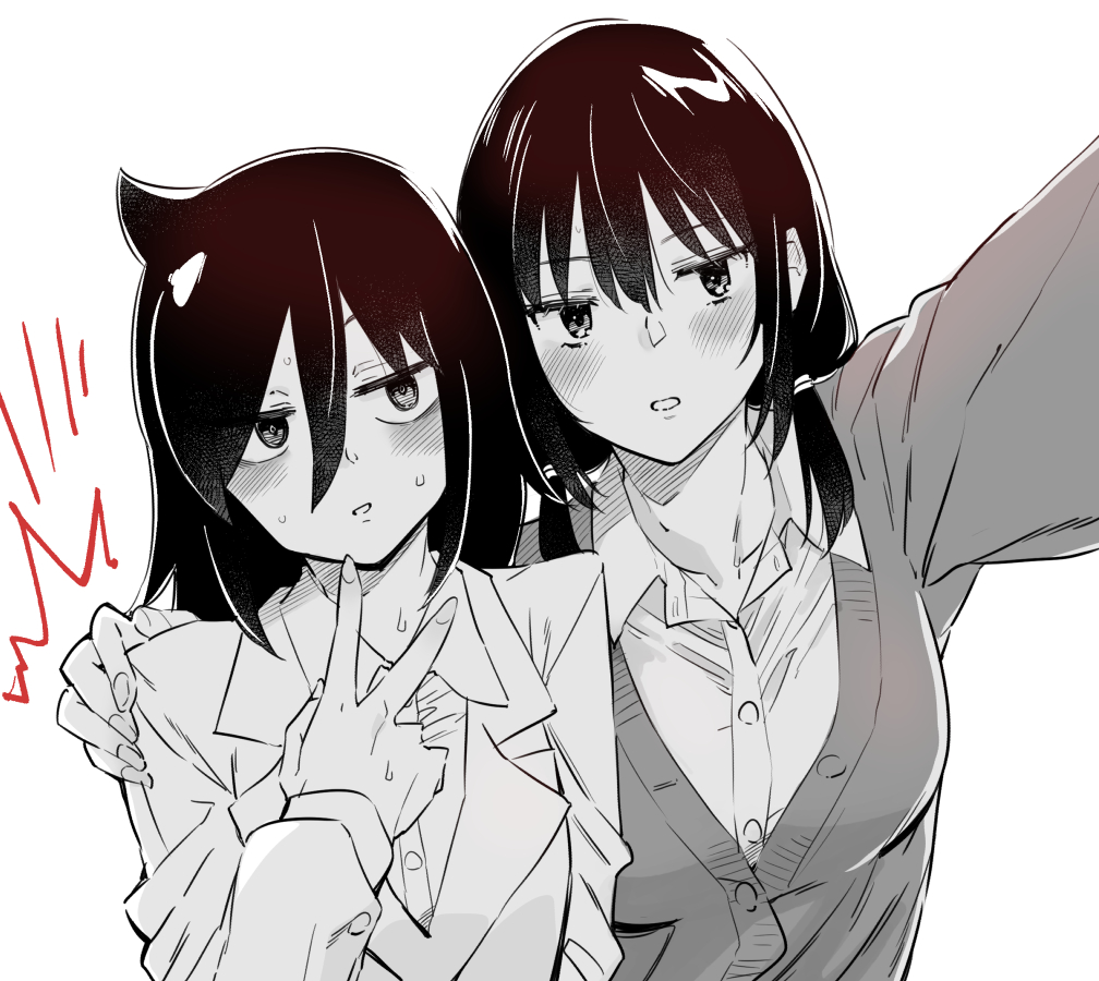 2girls, ^^^, bags_under_eyes, blazer, blush, breasts, buttons, cardigan