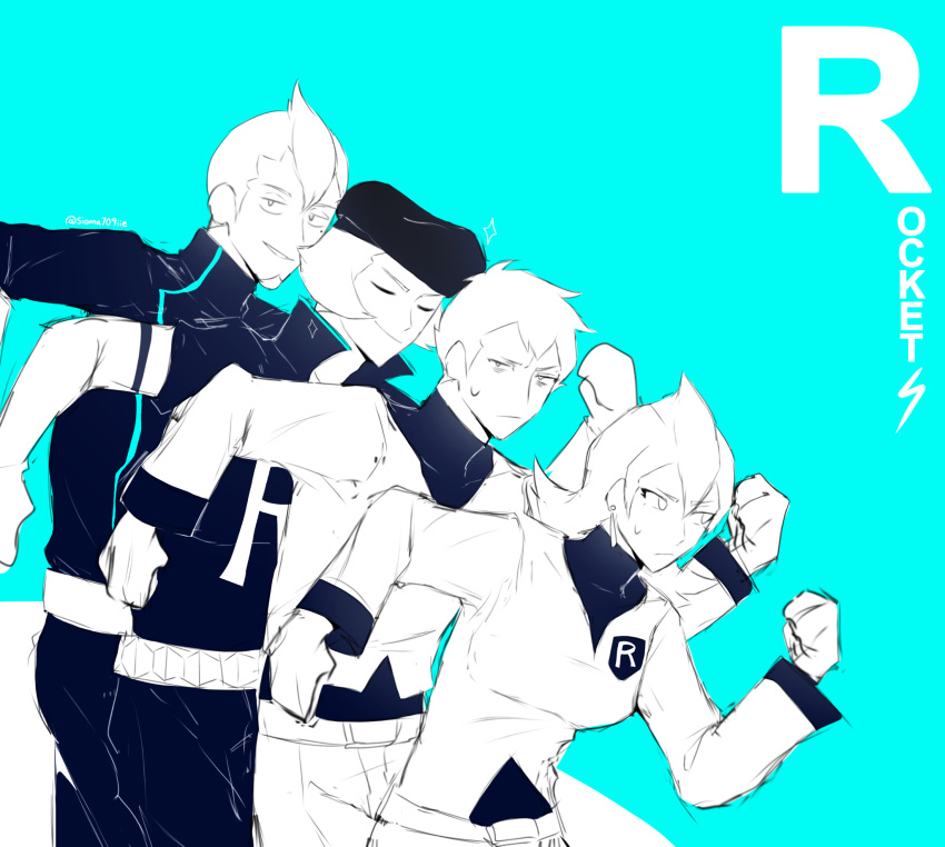 1girl, 3boys, archer_(pokemon), ariana_(pokemon), beard, belt, beret, blue_background