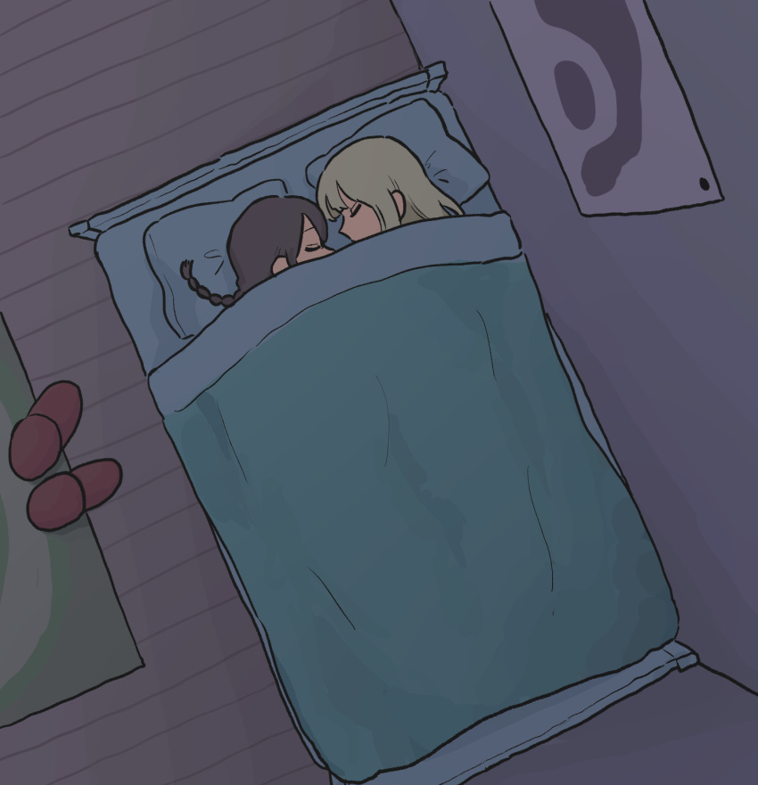 2girls, bed, bedroom, blonde_hair, braid, brown_hair, closed_eyes, commentary_request, dutch_angle, face-to-face, facing_another, from_above, fucca, hair_down, head_on_pillow, highres, long_hair, lying, madotsuki, multiple_girls, on_side, poniko, poster_(object), profile, rug, sleeping, slippers, slippers_removed, under_covers, wooden_floor, yume_nikki
