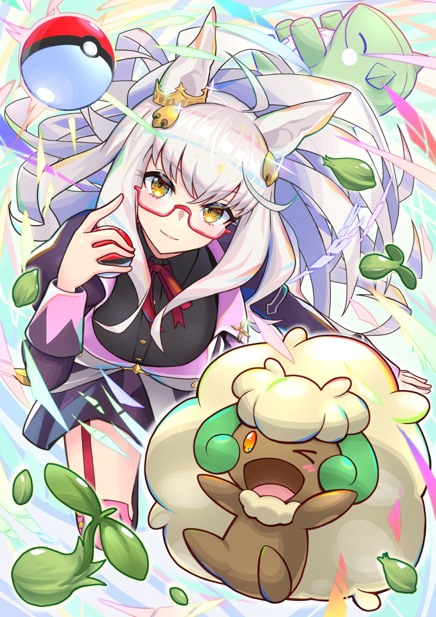1girl, animal_ears, biwa_hayahide_(umamusume), closed_mouth, glasses, grey_hair, hair_between_eyes, hair_ornament