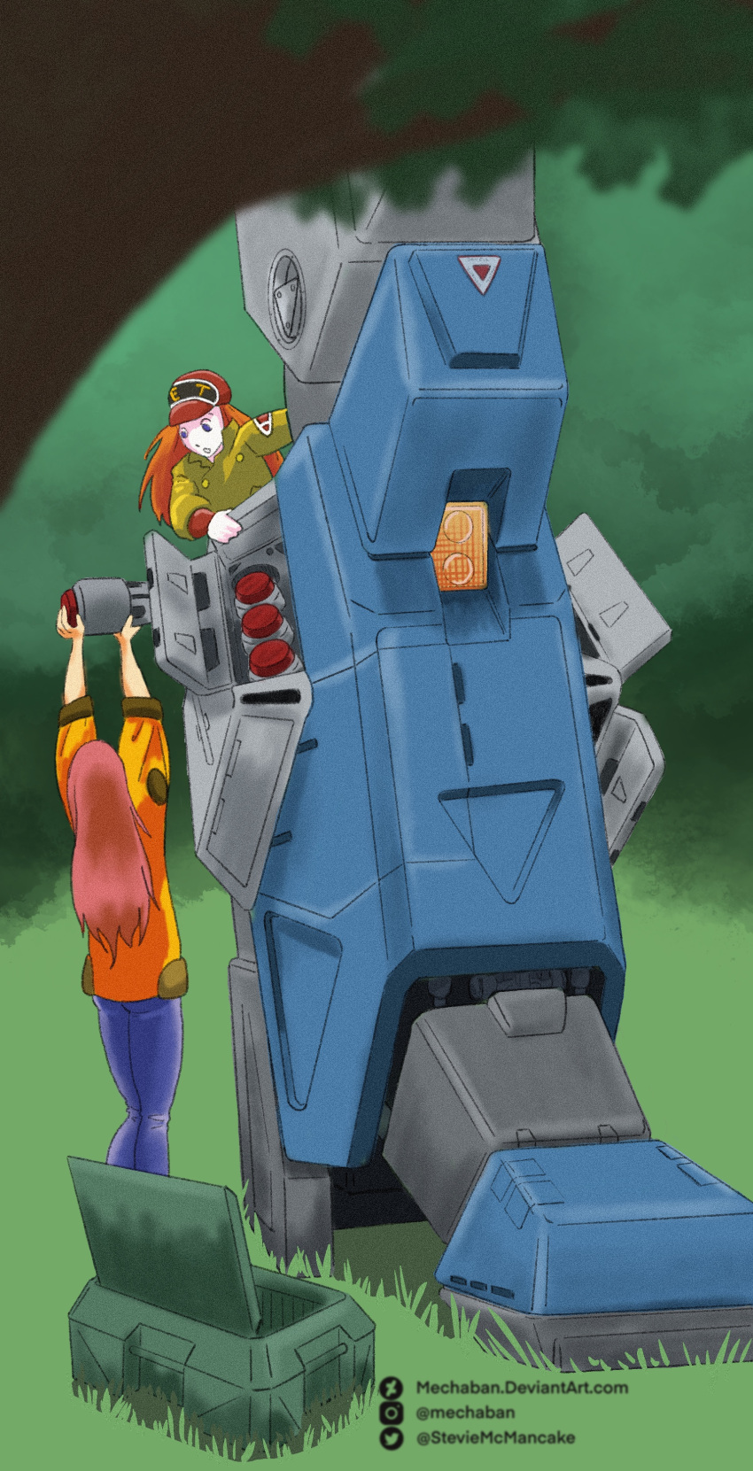1980s_(style), 2girls, absurdres, aisha_(mospeada), battroid, blurry, blurry_foreground, box