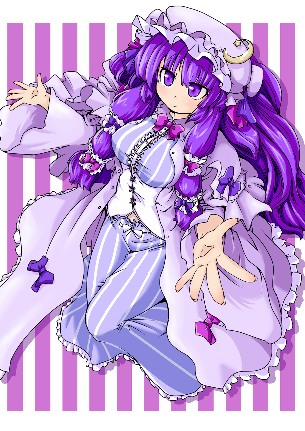 1girl, breasts, crescent, crescent_moon, eruichi_(redphantom), hat, highres, long_hair