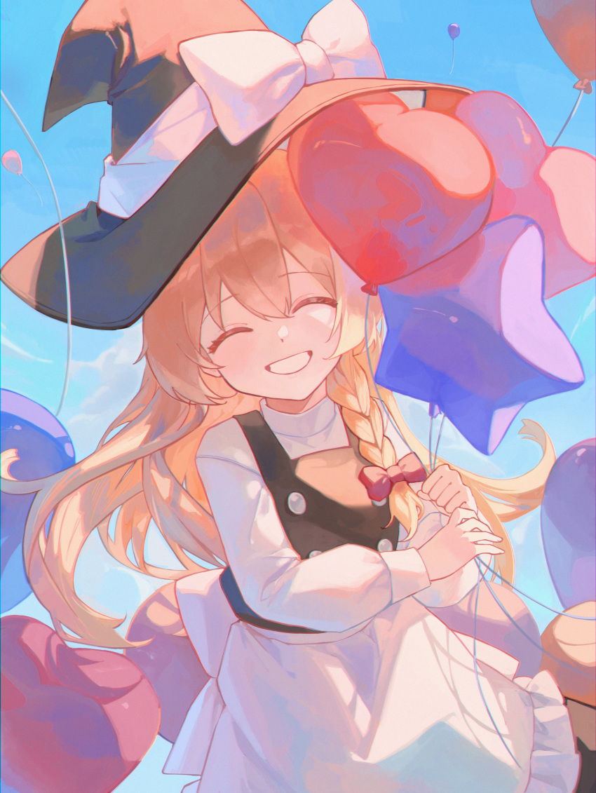 1girl, absurdres, balloon, black_headwear, black_vest, blonde_hair, bow, braid