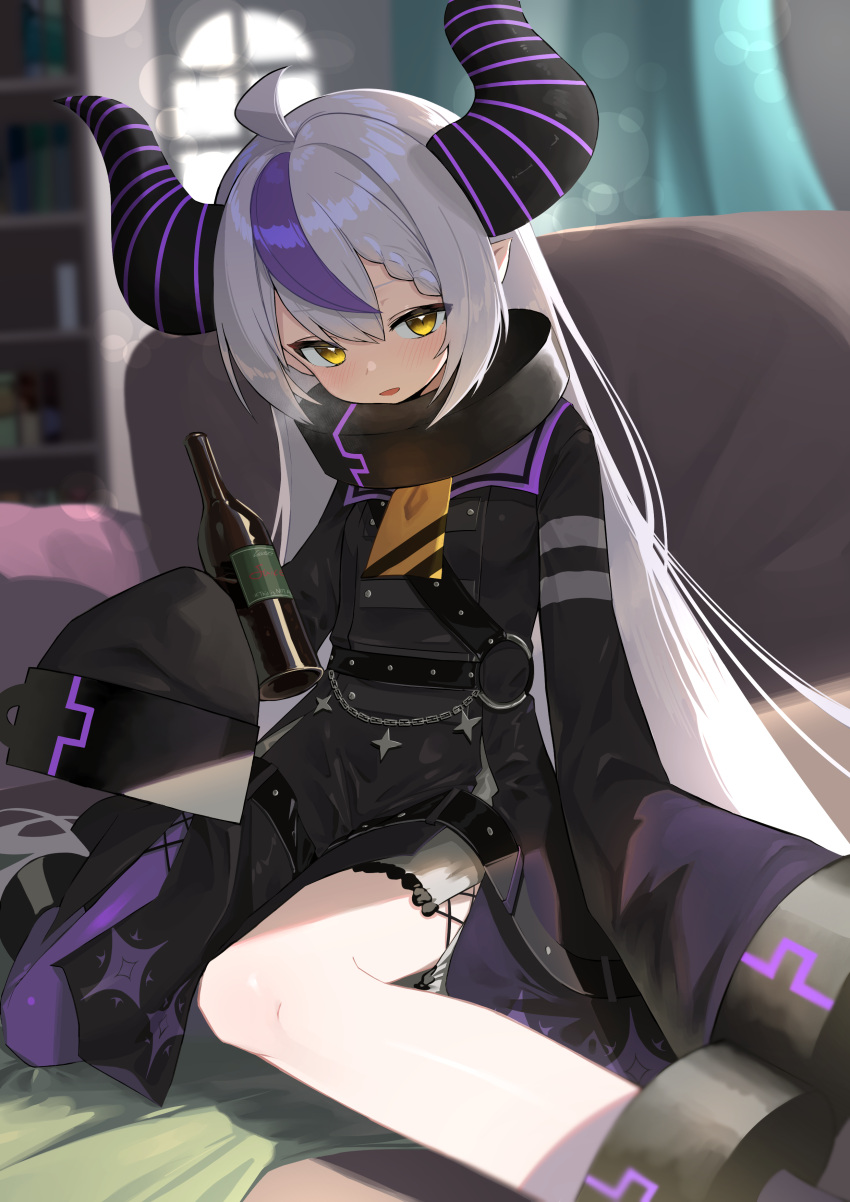 1girl, absurdres, ahoge, ascot, belt, black_dress, blurry, blurry_background