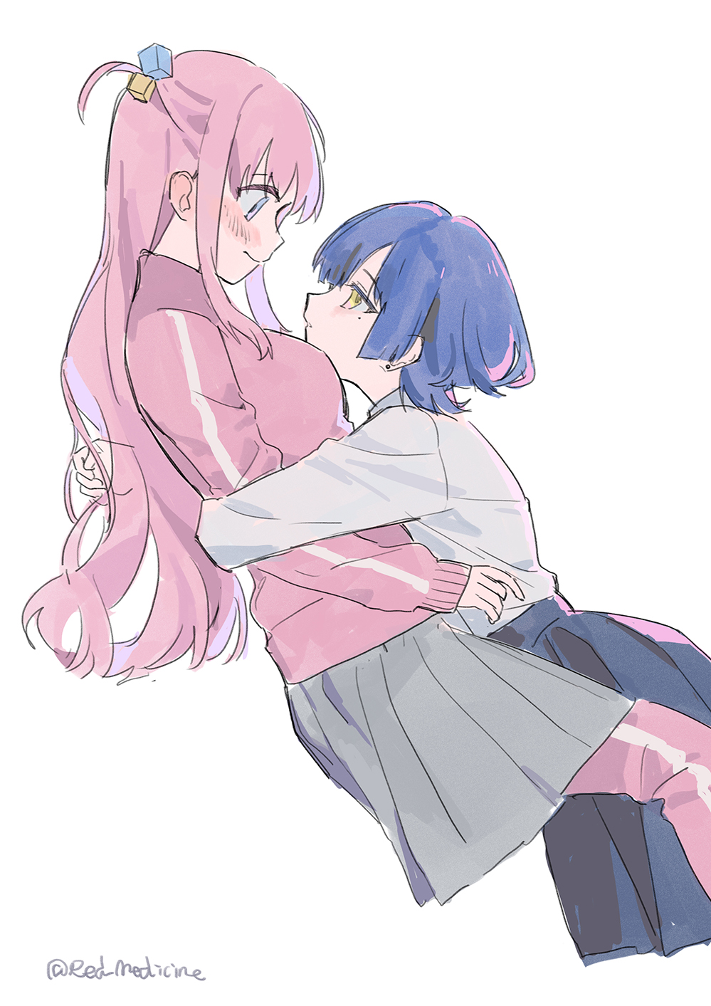 2girls, artist_name, black_skirt, blue_hair, blush, bocchi_the_rock!, cube_hair_ornament, eye_contact