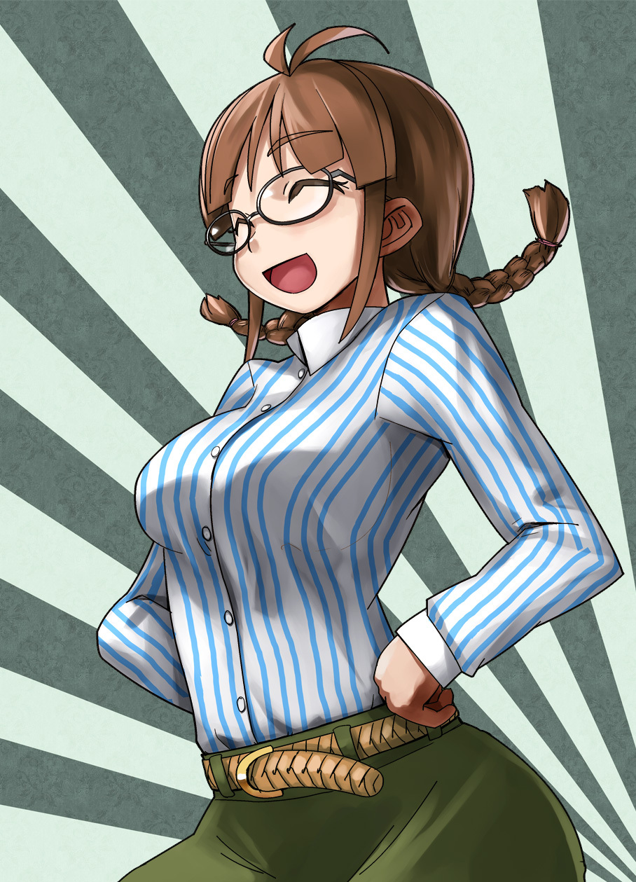 antenna_hair, belt, braid, brown_hair, closed_eyes, glasses, hands_on_hips, highres