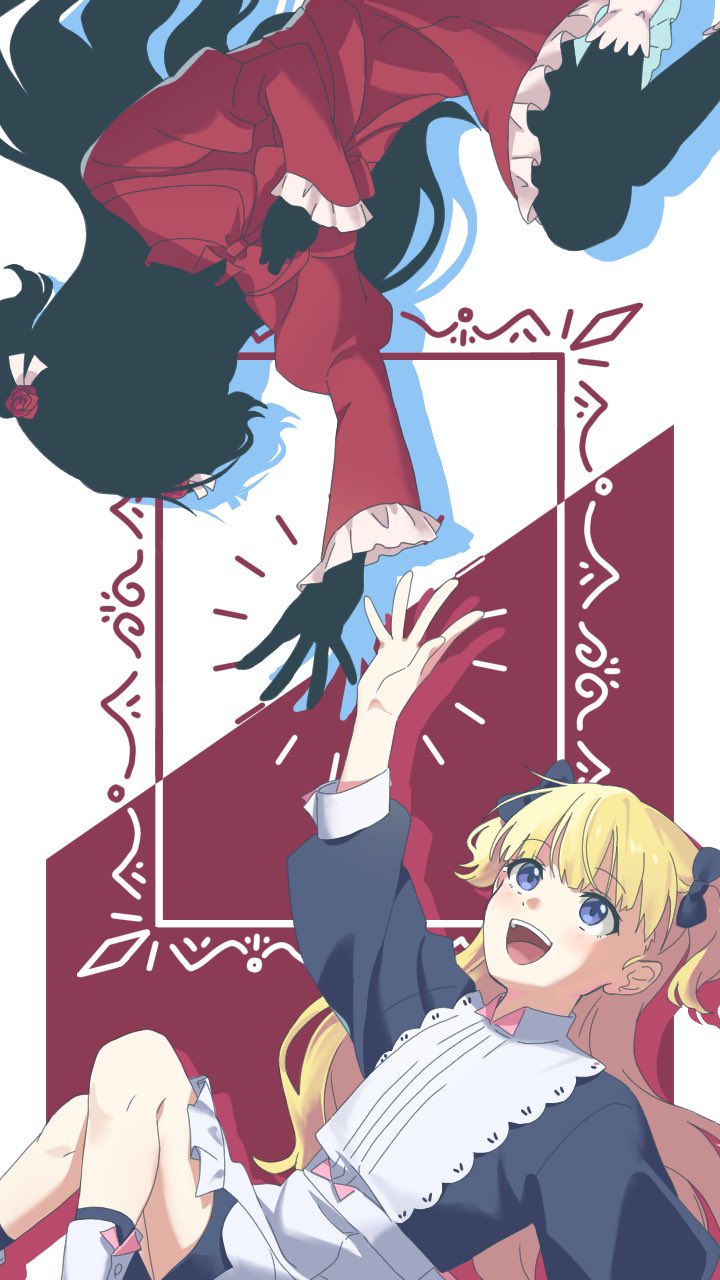 2girls, :d, apron, black_hair, black_skin, blonde_hair, blue_bow, blue_dress