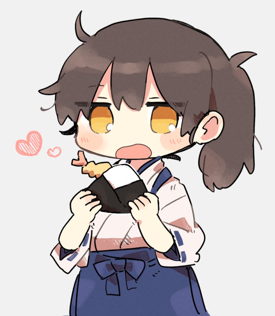 1girl, ahoge, blue_hakama, blush, brown_hair, food, hakama, heart