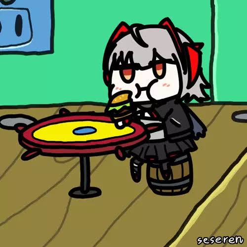 1girl, arknights, burger, eating, hamburger, krabby_patty, seseren, spongebob_squarepants, w_(arknights)