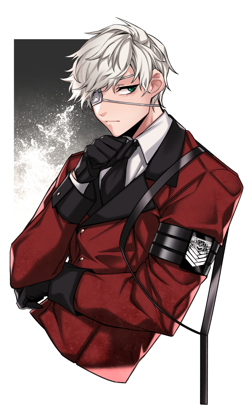 absurdres, aqua_eyes, black_gloves, black_necktie, closed_mouth, coat, commander_(girls'_frontline), commission, dogs_(dlrkdejr26), eyepatch, from_side, girls_frontline, gloves, griffin_&amp;_kryuger, griffin_&amp;_kryuger_military_uniform, hand_on_own_chin, highres, long_sleeves, medical_eyepatch, necktie, red_coat, shirt, short_hair, upper_body, white_hair, white_shirt