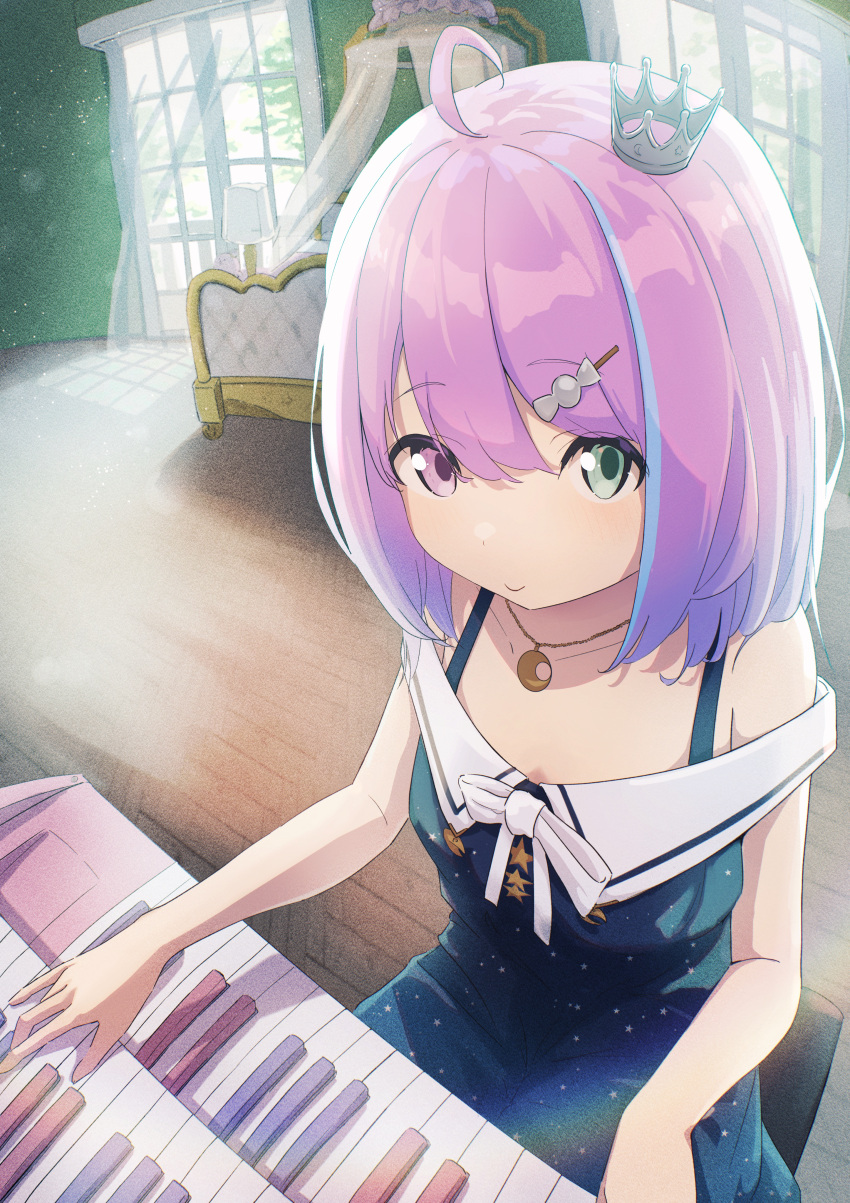 1girl, absurdres, ahoge, bed, blue_dress, blue_hair, bob_cut, candy_hair_ornament