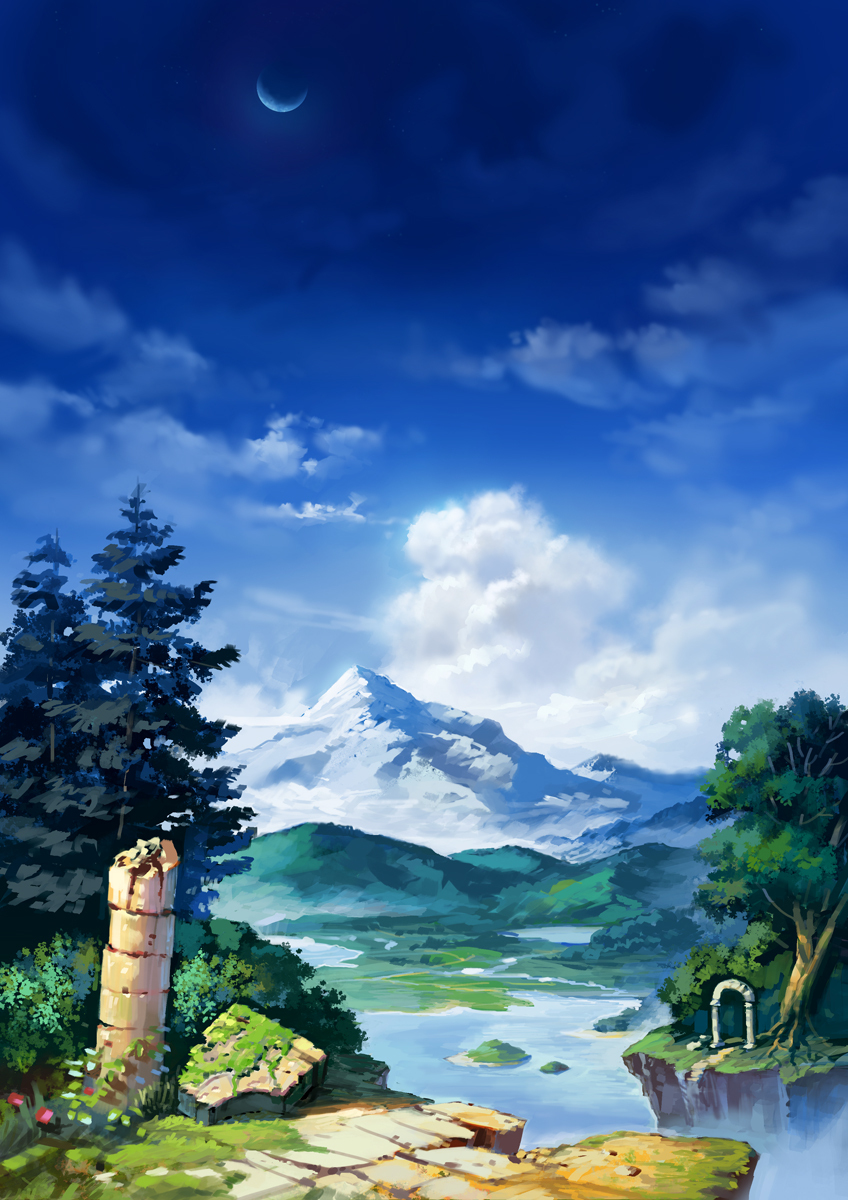 clouds, highres, kamoi_kouji, landscape, moon, mountain, ruins, scenery, tree
