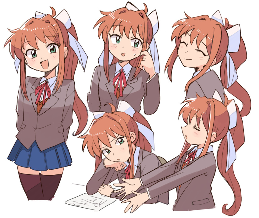 1girl, brown_hair, brown_thighhighs, doki_doki_literature_club, green_eyes, long_hair, long_sleeves, memosan