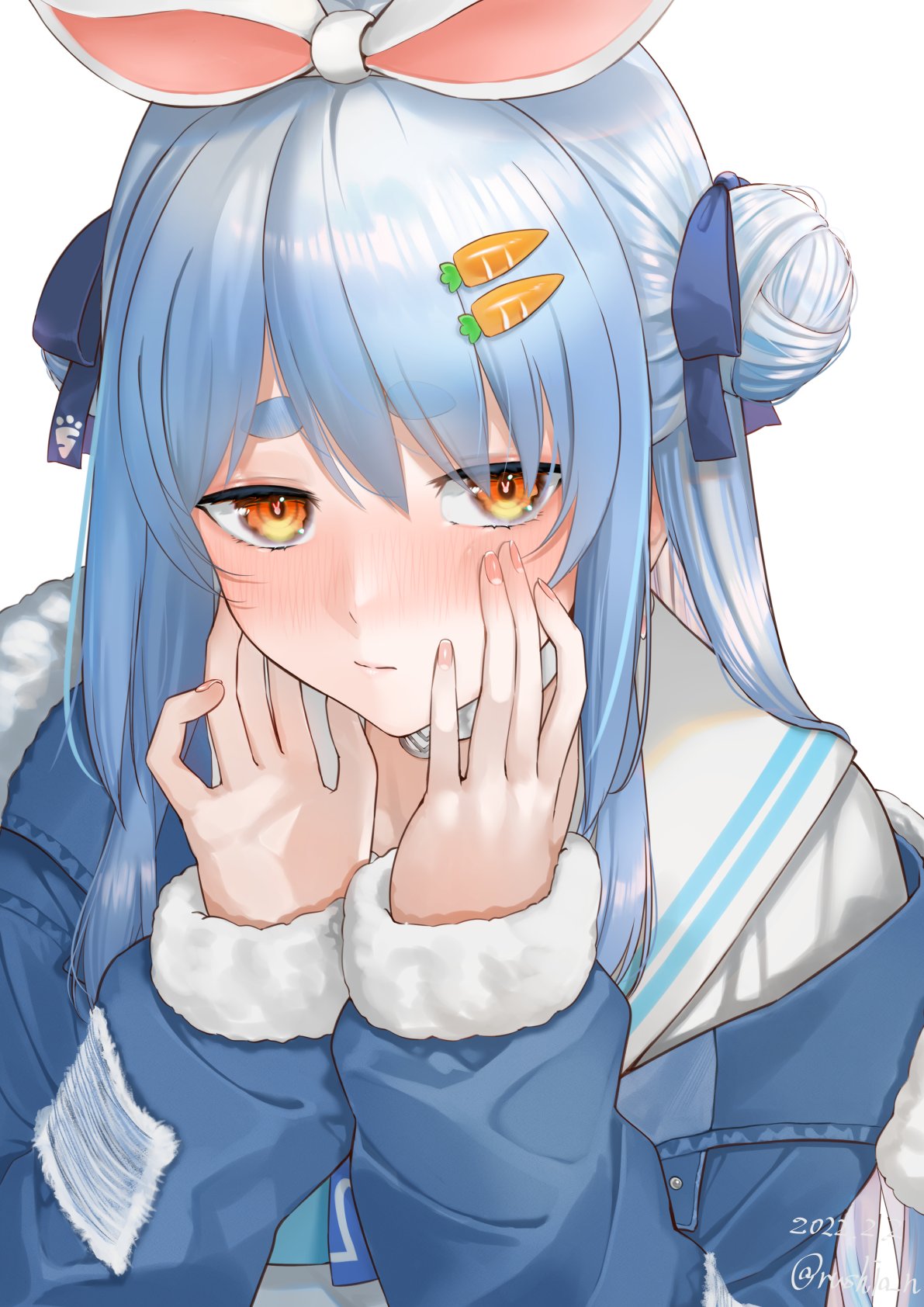 1girl, blue_hair, blue_jacket, blue_ribbon, blush, carrot_hair_ornament, dated, double_bun, food-themed_hair_ornament, fur-trimmed_jacket, fur_trim, hair_bun, hair_ornament, hair_ribbon, hands_on_own_cheeks, hands_on_own_face, highres, hololive, jacket, long_hair, orange_eyes, rabbit_in_eyes, ribbon, rushian, sailor_collar, shirt, solo, twitter_username, upper_body, usada_pekora, virtual_youtuber, white_ribbon, white_sailor_collar, white_shirt