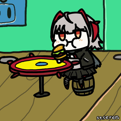 1girl, animated_gif, arknights, burger, eating, hamburger, krabby_patty, seseren