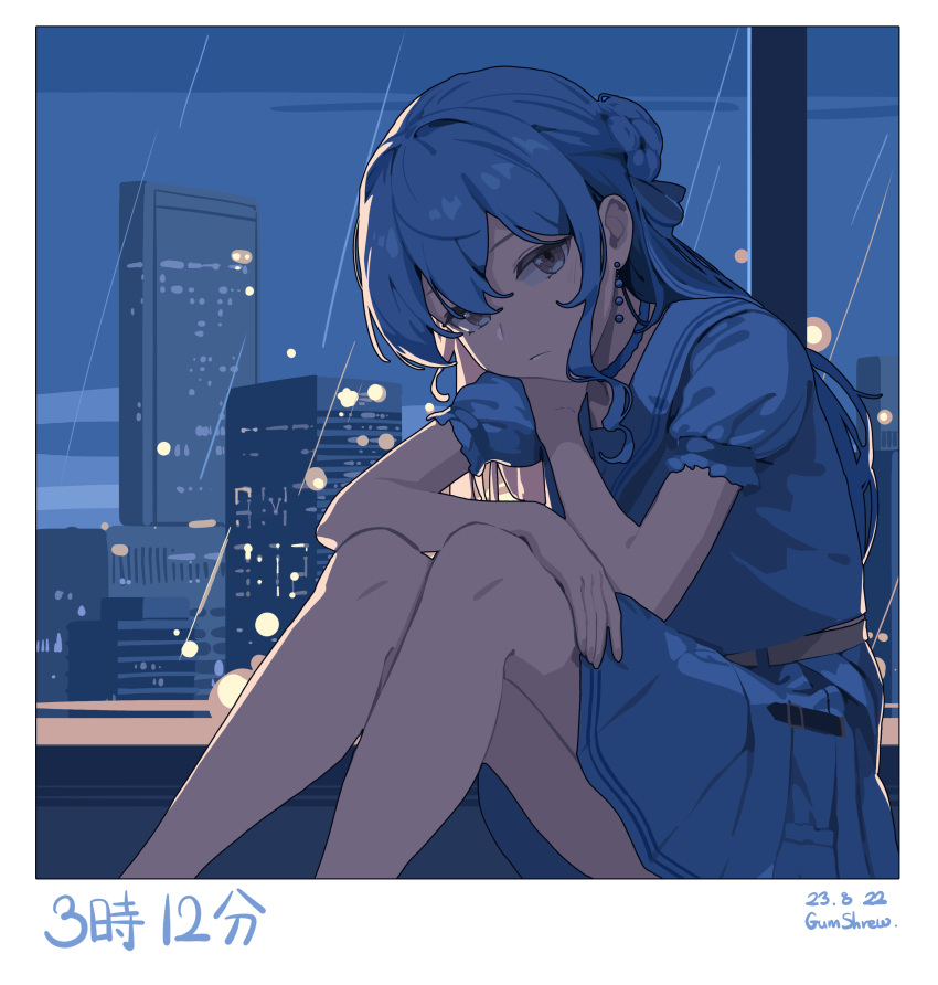 1girl, absurdres, alternate_costume, black_eyes, blue_choker, blue_hair, blush, choker