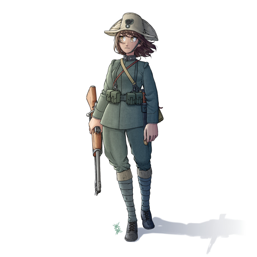 1girl, absurdres, ammunition_pouch, ankle_wrap, bayonet, belt, bicorne, bolt_action