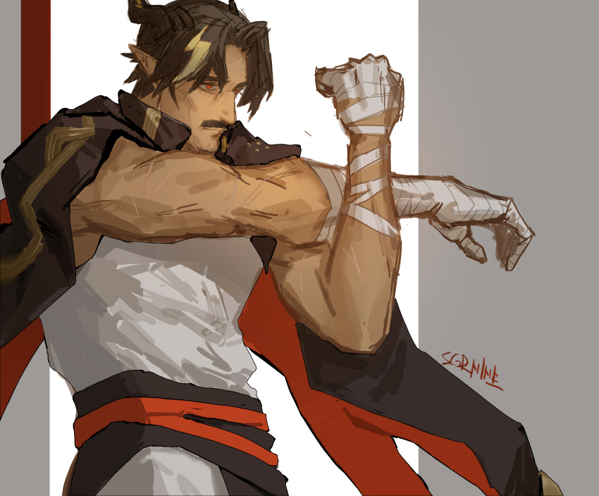 1boy, absurdres, alternate_facial_hair, arknights, bandaged_hand, bandages, chong_yue_(arknights), cowboy_shot