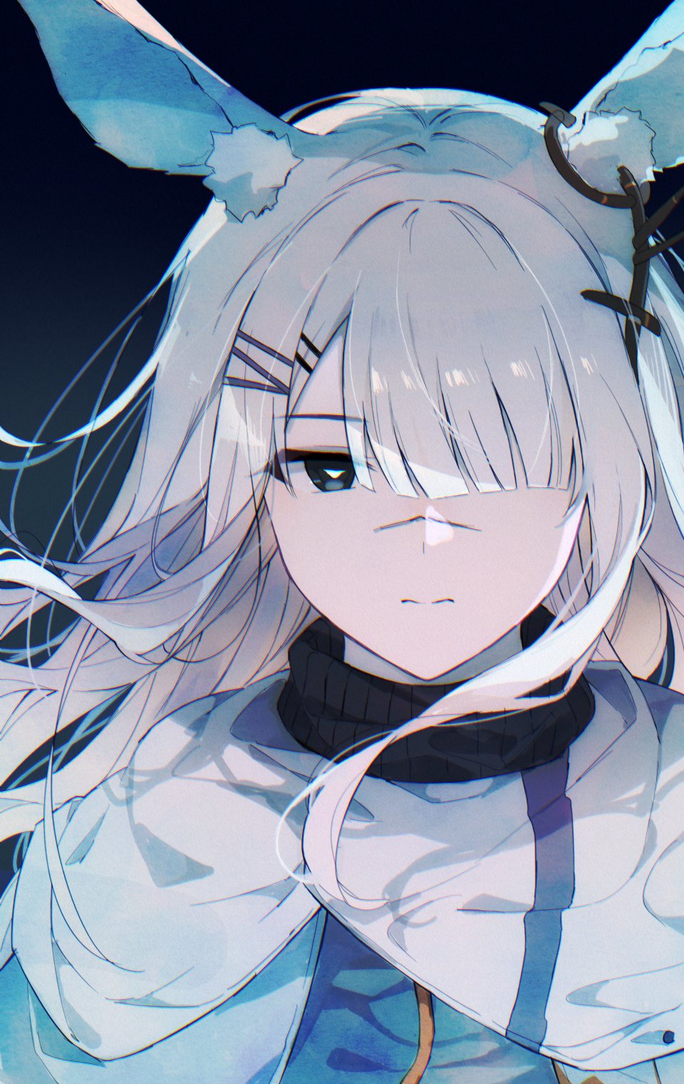 1girl, animal_ears, arknights, black_background, blue_background, blue_eyes, blunt_bangs, closed_mouth
