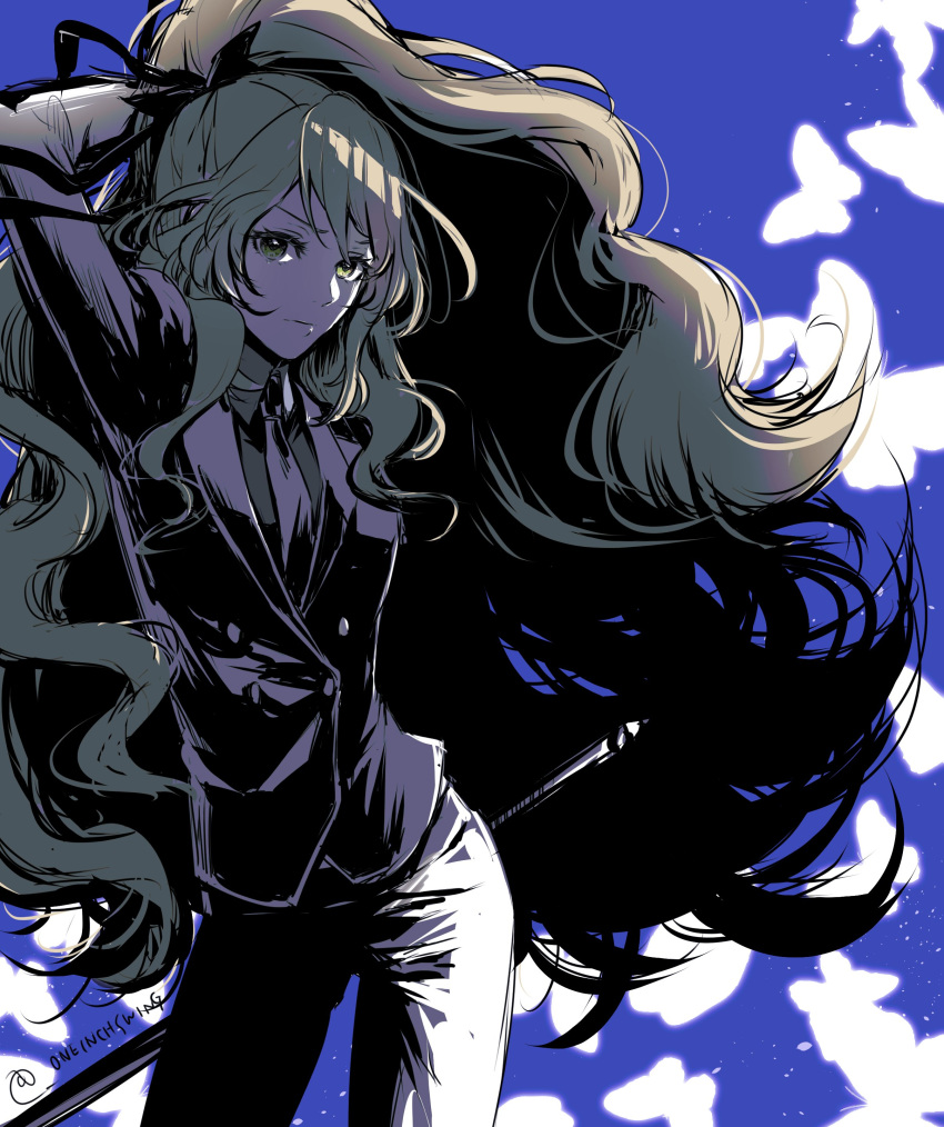 1girl, absurdres, alternate_costume, artist_name, black_ribbon, blonde_hair, blue_background, bug