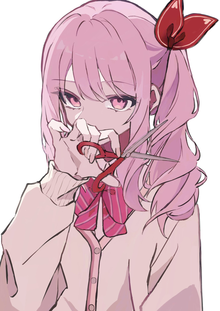1other, akiyama_mizuki, androgynous, buttons, cardigan, commentary, covered_mouth, diagonal-striped_bowtie
