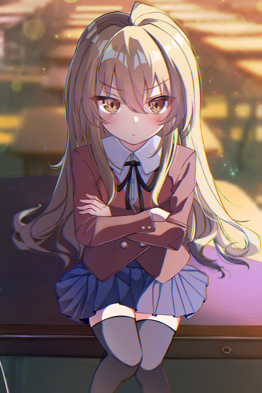 1girl, aisaka_taiga, black_ribbon, black_thighhighs, blue_skirt, blurry, blurry_background, blush